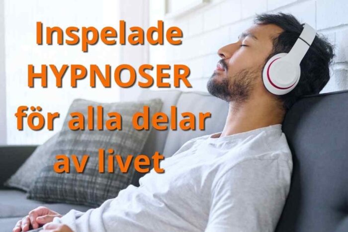 Man som sitter med hörlurar i en soffa och ser avslappnad ut och texten "Inspelade hypnoser för alla delar av livet"