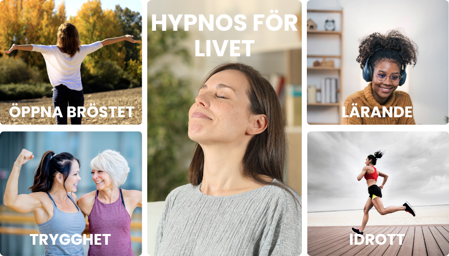 Kollage av hypnoser med en avslappnad kvinna i mitten